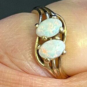 10K Yellow Gold Double Shimmering Opal Oval Cabochons Gemstone Ring Size 6.5 VTG